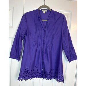Coldwater Creek Purple Eyelet Hem Button-Up Tunic XS 4-6